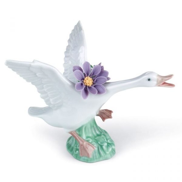 Lladro Jumping Duck With Purple Dahlias