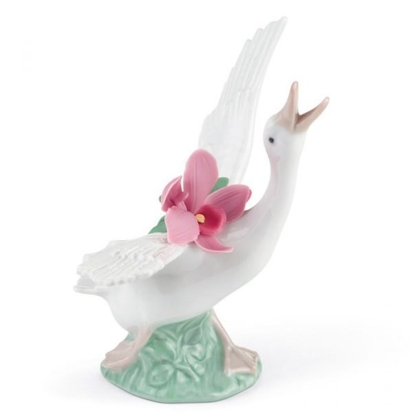 Lladro Running Duck With Pink Orchid