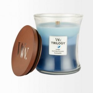 Woodwick Trilogy: Linen Cotton Flower & Cashmere Tuoksukynttilä